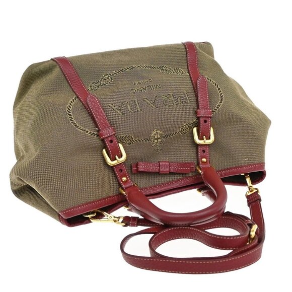 PRADA MILANO Logo 2Way Shoulder Hand Bag Canvas Leather Brown Red 79EE817 - Picture 5 of 16